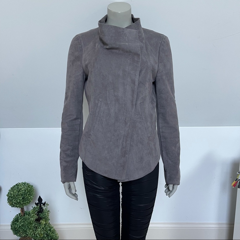 BCBG Grey Faux Suede Asymmetric Jacket